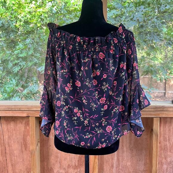 Scripted Black Floral Peasant Blouse Off The Shoulder Size S. NEW - Picture 4 of 11